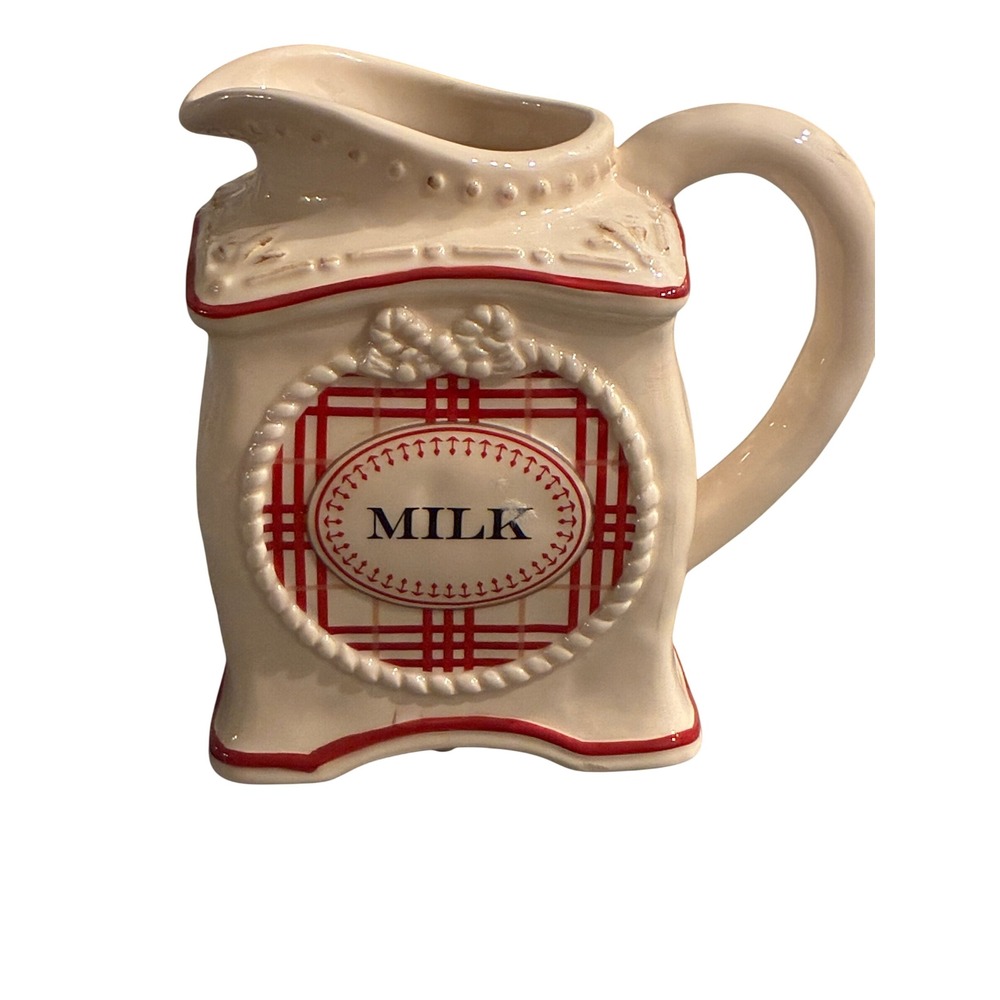 Grasslands Road Ceramic Milk Pitcher Cream Red Plaid Farmhouse Cottagecore Jug